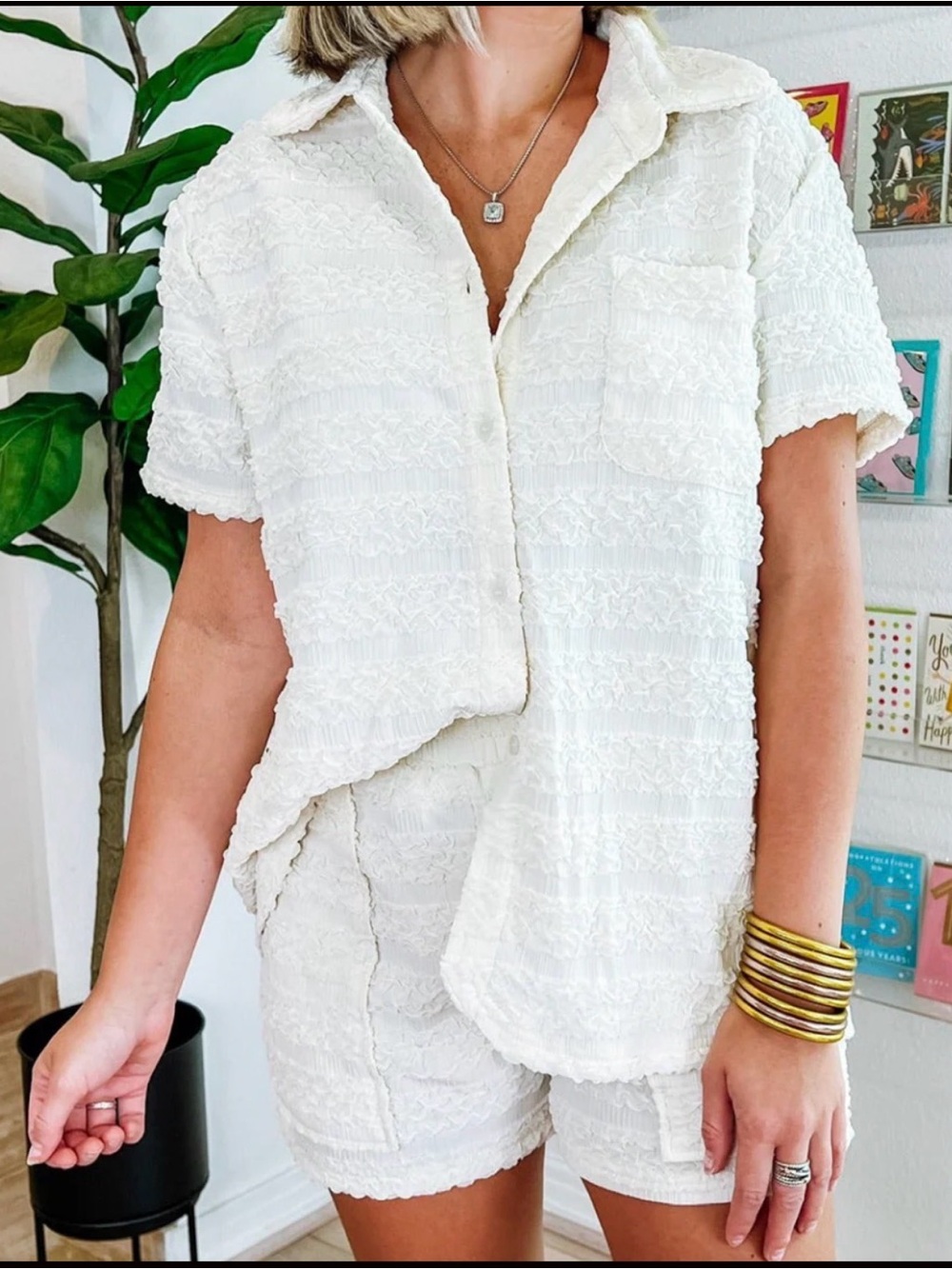 NEW-Textured White Two-Piece Set - Short Sleeve Button Shirt & Shorts- Boutique